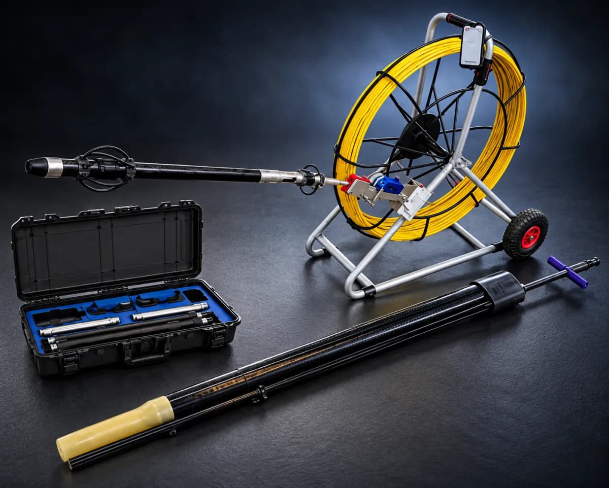 The IBT Gyro set on a dark background: gyro probe, carry case, rodder reel and Feeder Pole